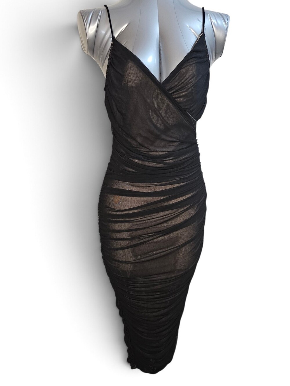 Sleek Black Sheer Ruched Slip Dress